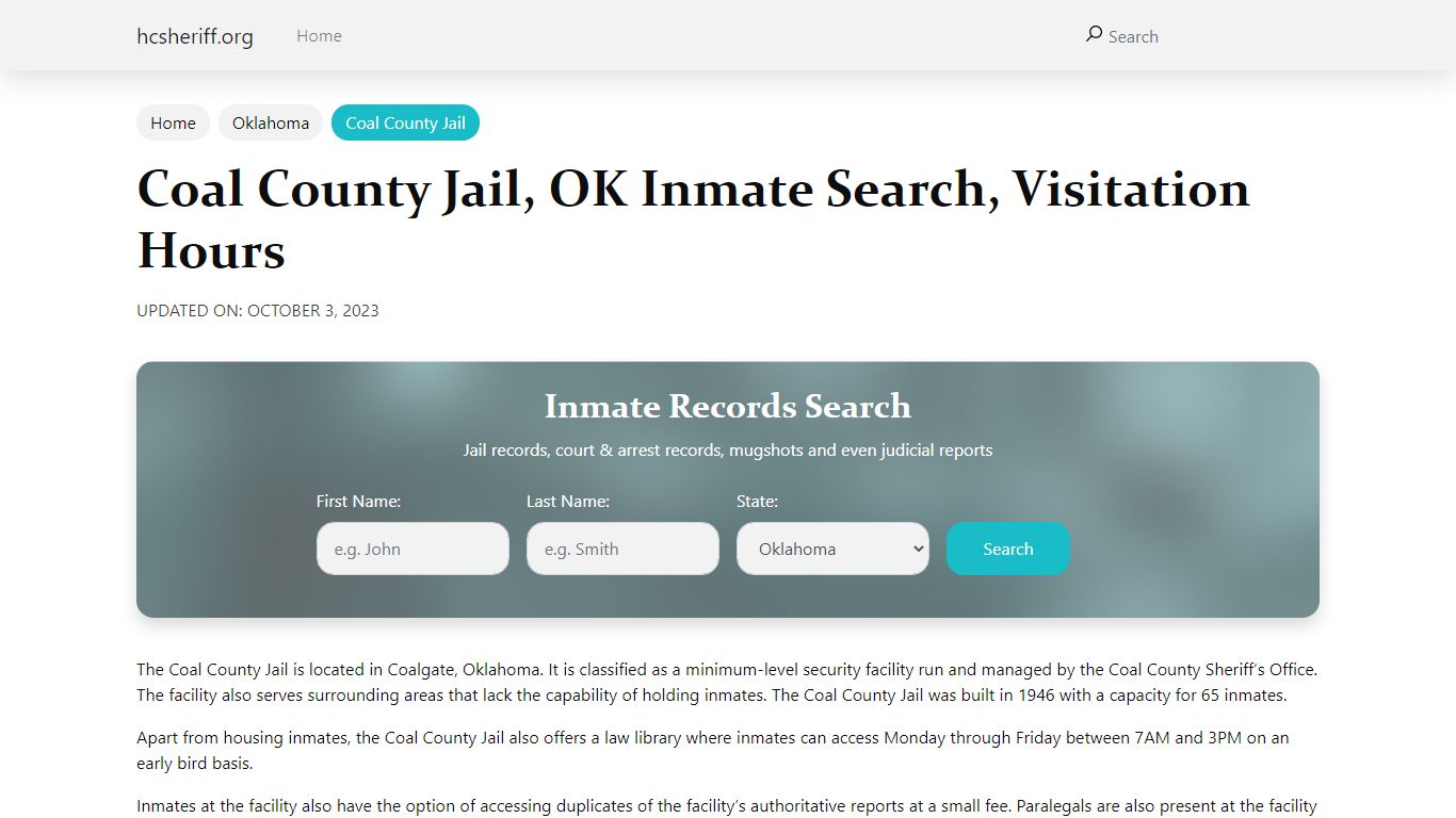 Coal County Jail, OK Inmate Search, Visitation Hours